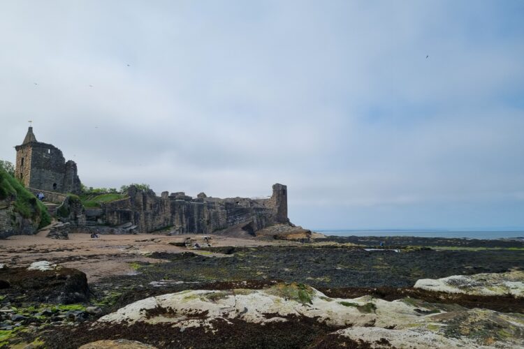 Picture of a beach and a ruined castle in St Andrews